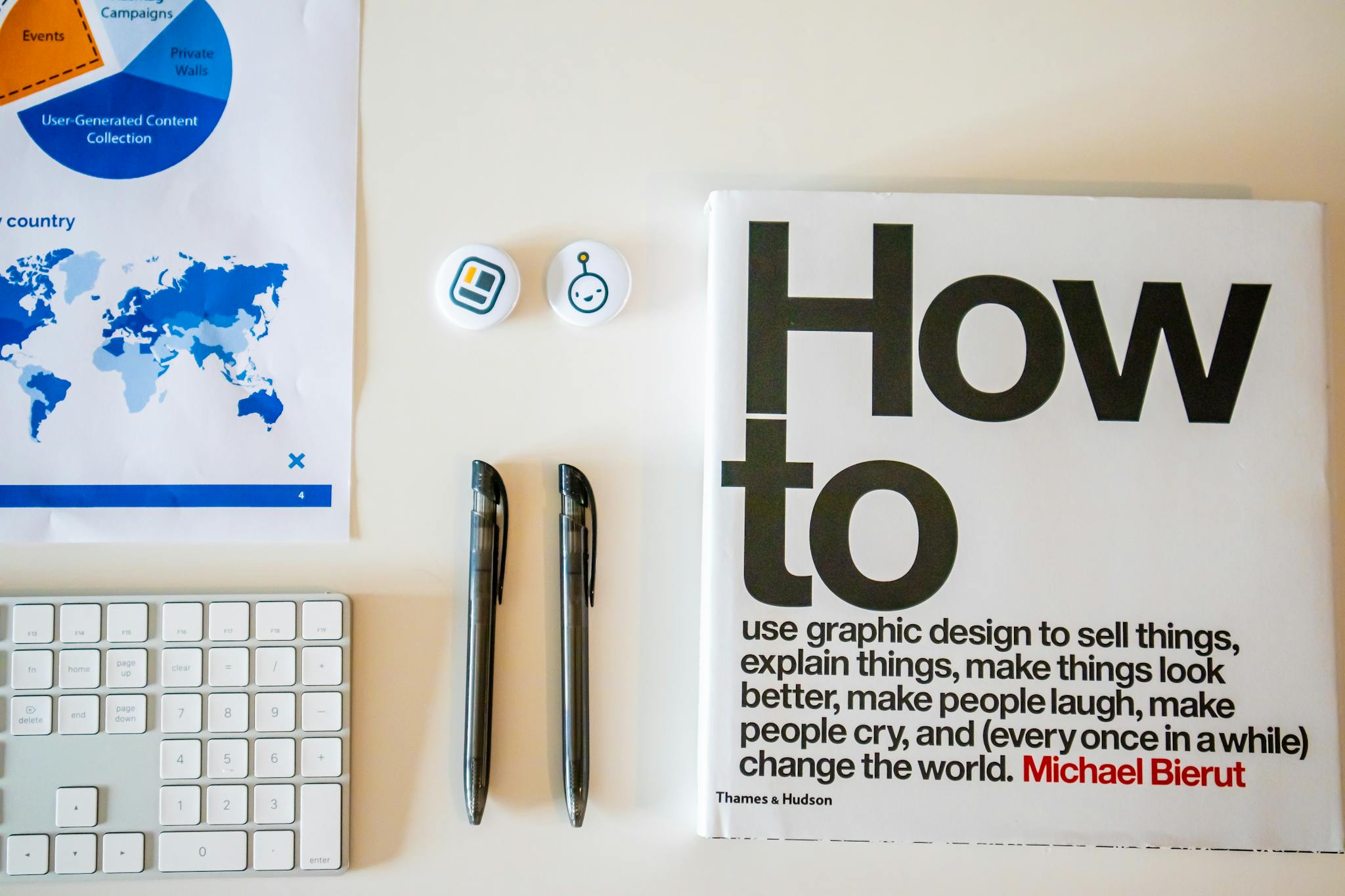 Flat lay of a creative workspace with 'How To' book, chart, pens, and keyboard in minimalist style.